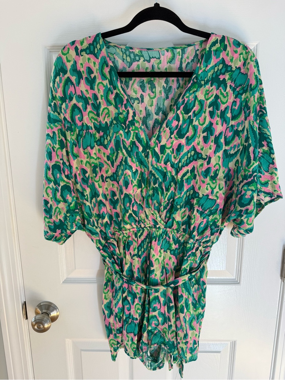 Green and Pink Printed One-Piece Romper with Tie Waist